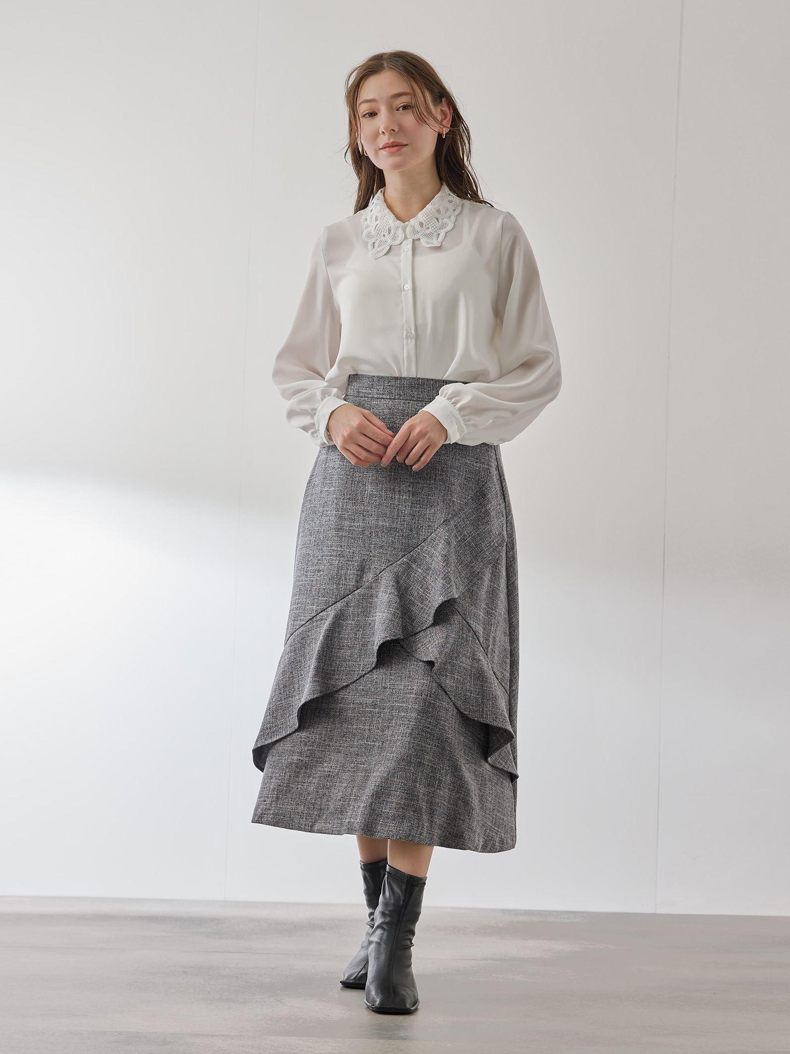 ツィードライクアシメフリルスカート≪手洗い可能≫