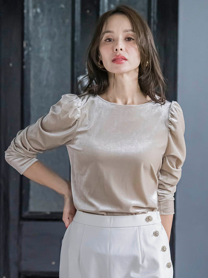 パフ袖ベロアカットソー≪手洗い可能≫