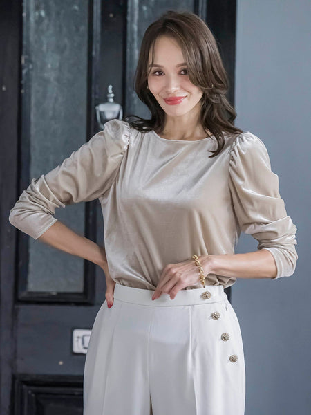 パフ袖ベロアカットソー≪手洗い可能≫