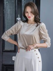 パフ袖ベロアカットソー≪手洗い可能≫