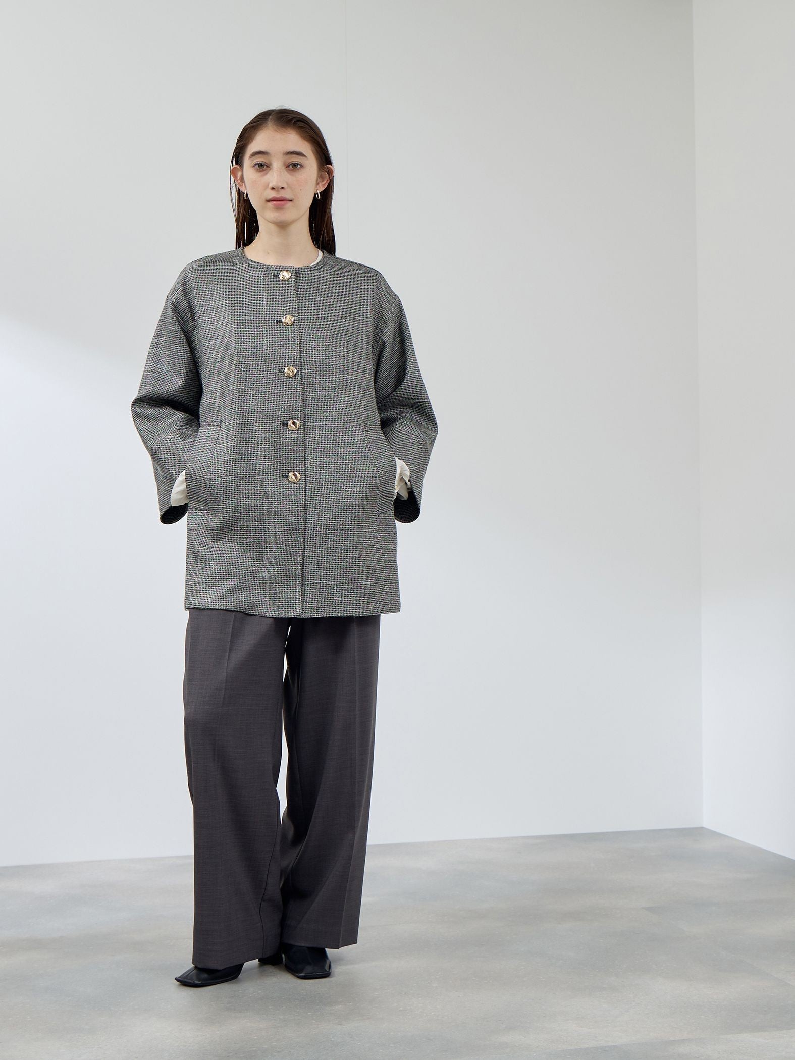 ツィード調ハウンドトゥースノーカラーコート≪手洗い可能≫