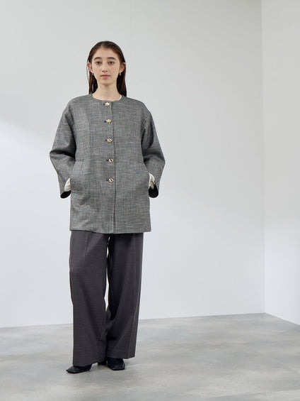 ツィード調ハウンドトゥースノーカラーコート≪手洗い可能≫