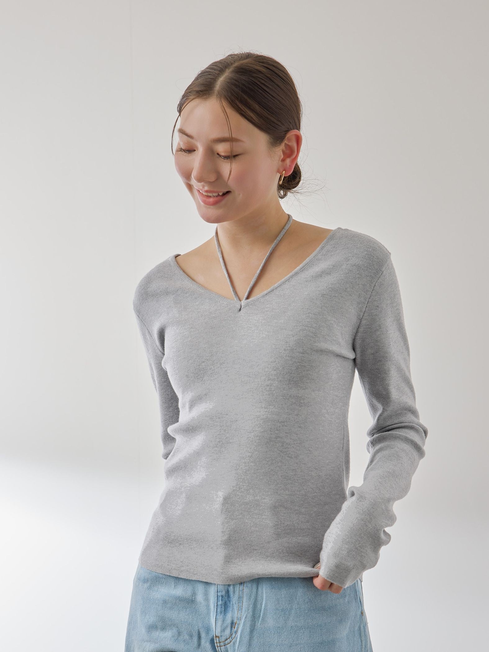 ストリング付バレエネックリブニット≪手洗い可能≫