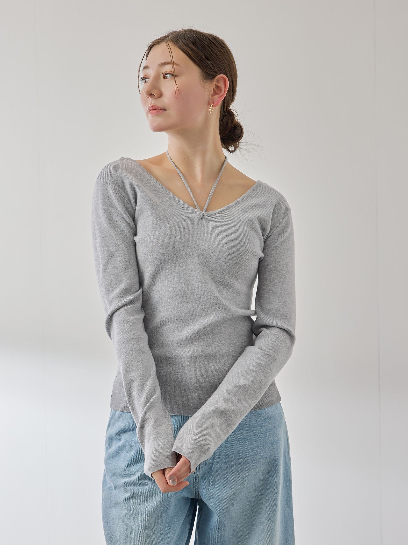 ストリング付バレエネックリブニット≪手洗い可能≫