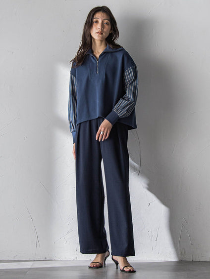 ストライプスリーブハーフジッププルオーバー≪手洗い可能≫