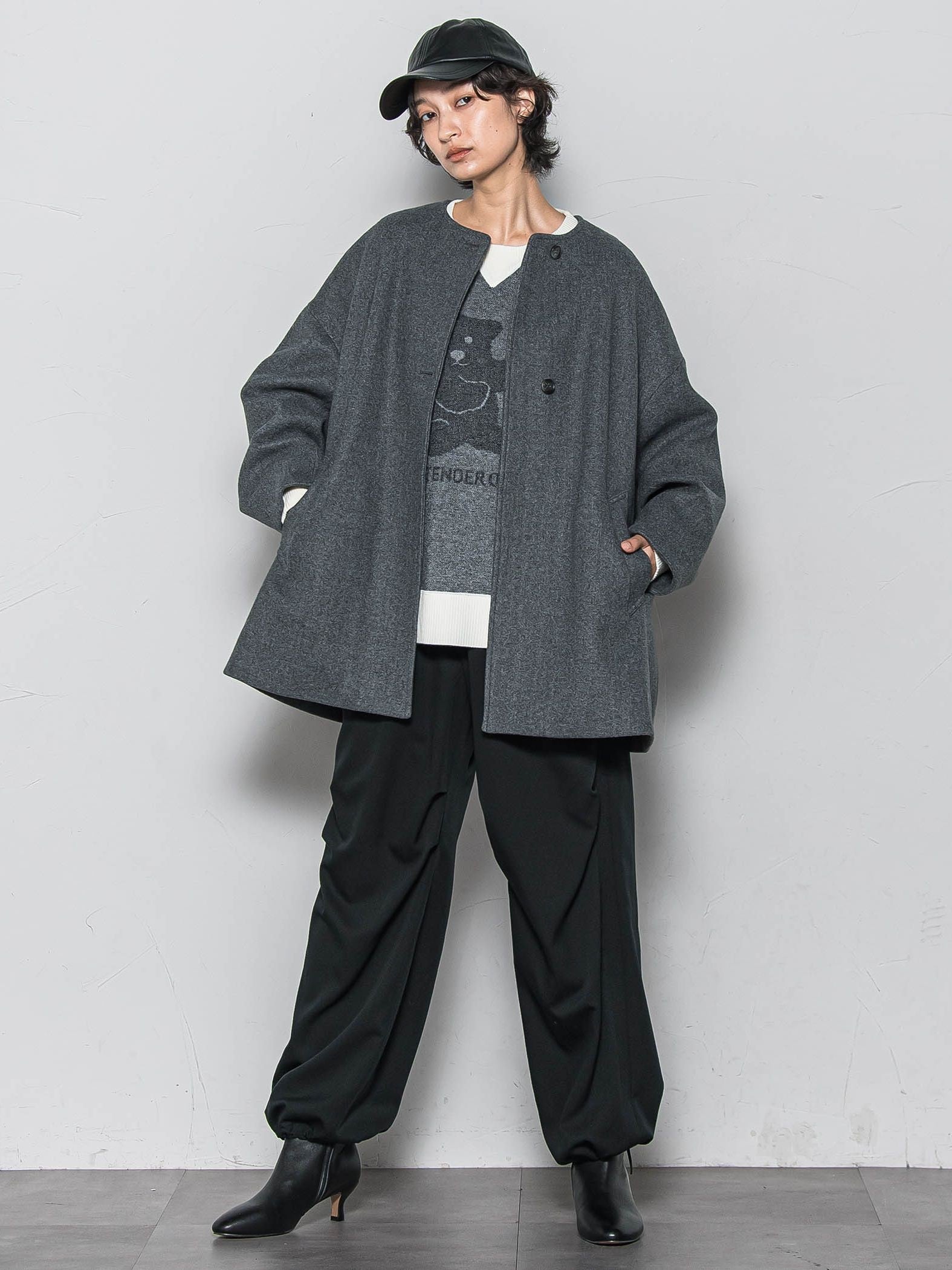 ライトジャージメルトンノーカラーミドルコート