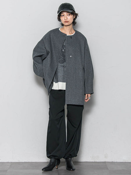 ライトジャージメルトンノーカラーミドルコート