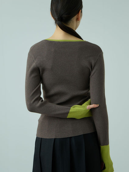 配色キーネックリブニットプルオーバー≪手洗い可能≫