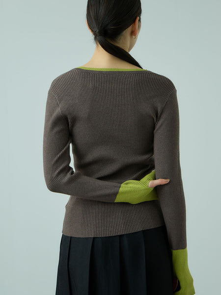 配色キーネックリブニットプルオーバー≪手洗い可能≫