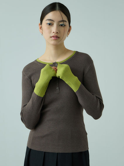 配色キーネックリブニットプルオーバー≪手洗い可能≫