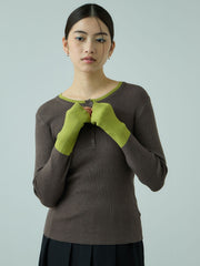 配色キーネックリブニットプルオーバー≪手洗い可能≫