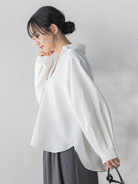 【WEB限定】パウダーストレッチ合わせネックブラウス≪手洗い可能≫