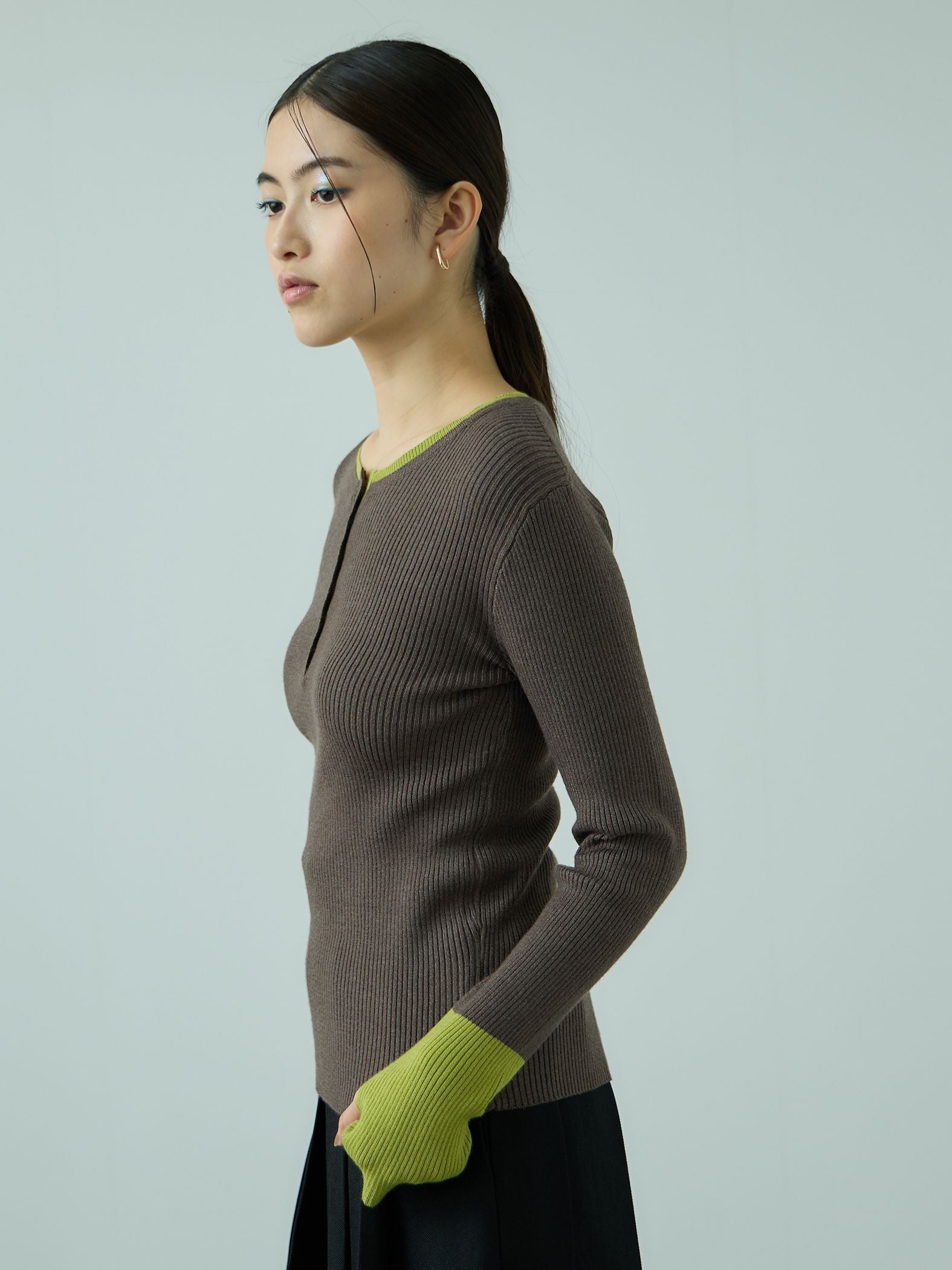 配色キーネックリブニットプルオーバー≪手洗い可能≫