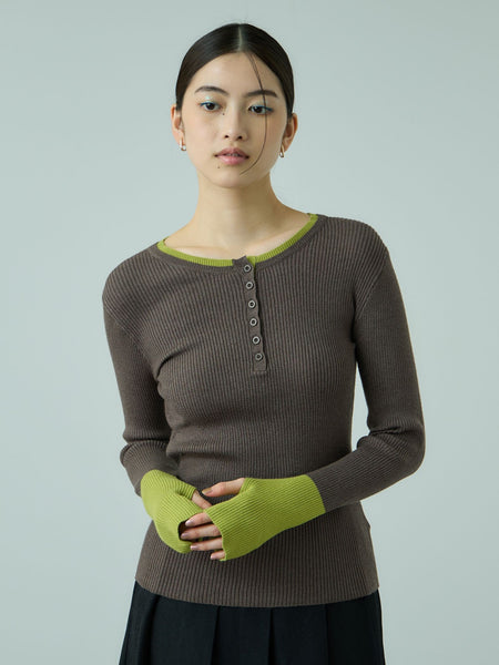 配色キーネックリブニットプルオーバー≪手洗い可能≫