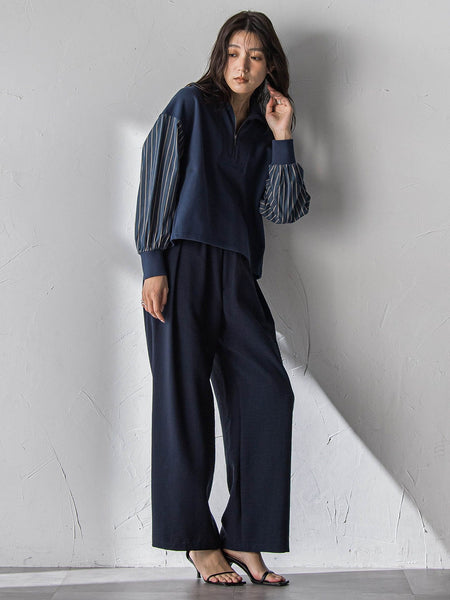 ストライプスリーブハーフジッププルオーバー≪手洗い可能≫