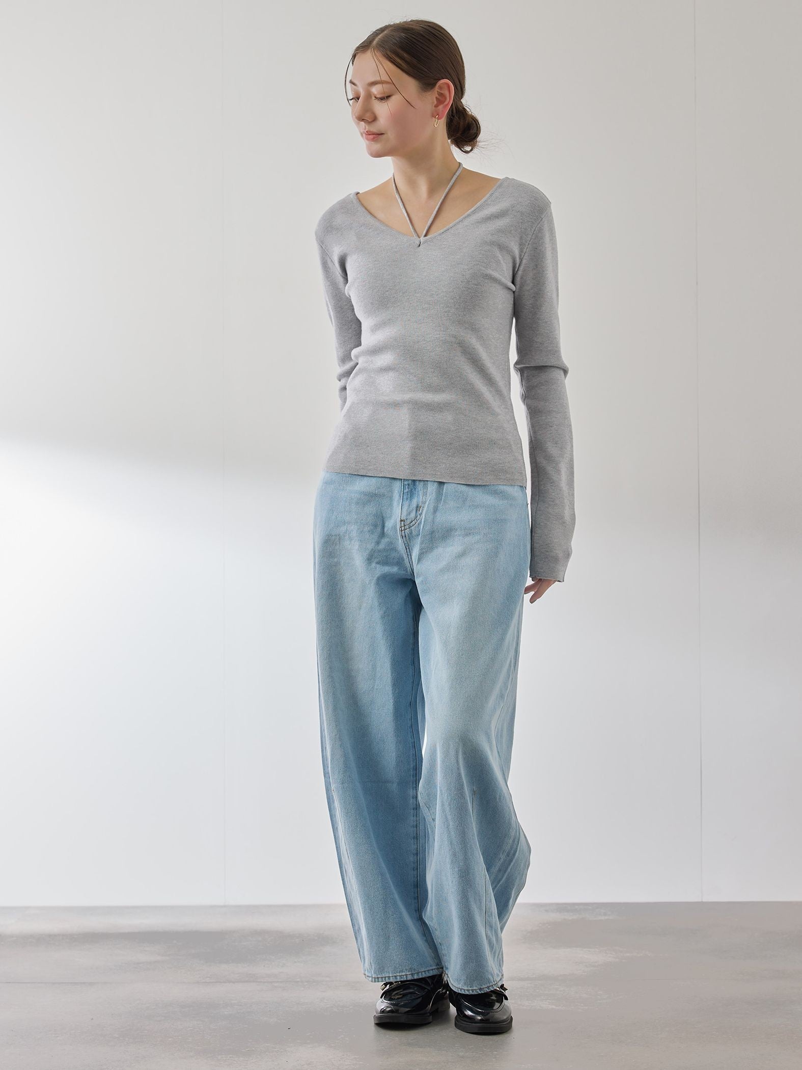 ストリング付バレエネックリブニット≪手洗い可能≫