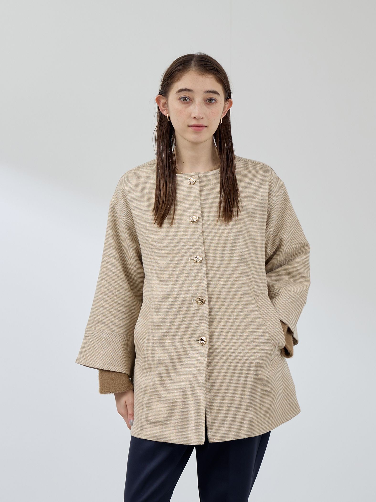 ツィード調ハウンドトゥースノーカラーコート≪手洗い可能≫