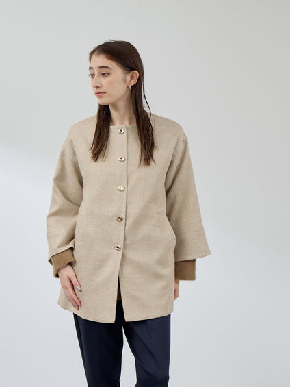 ツィード調ハウンドトゥースノーカラーコート≪手洗い可能≫