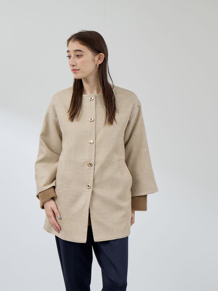 ツィード調ハウンドトゥースノーカラーコート≪手洗い可能≫