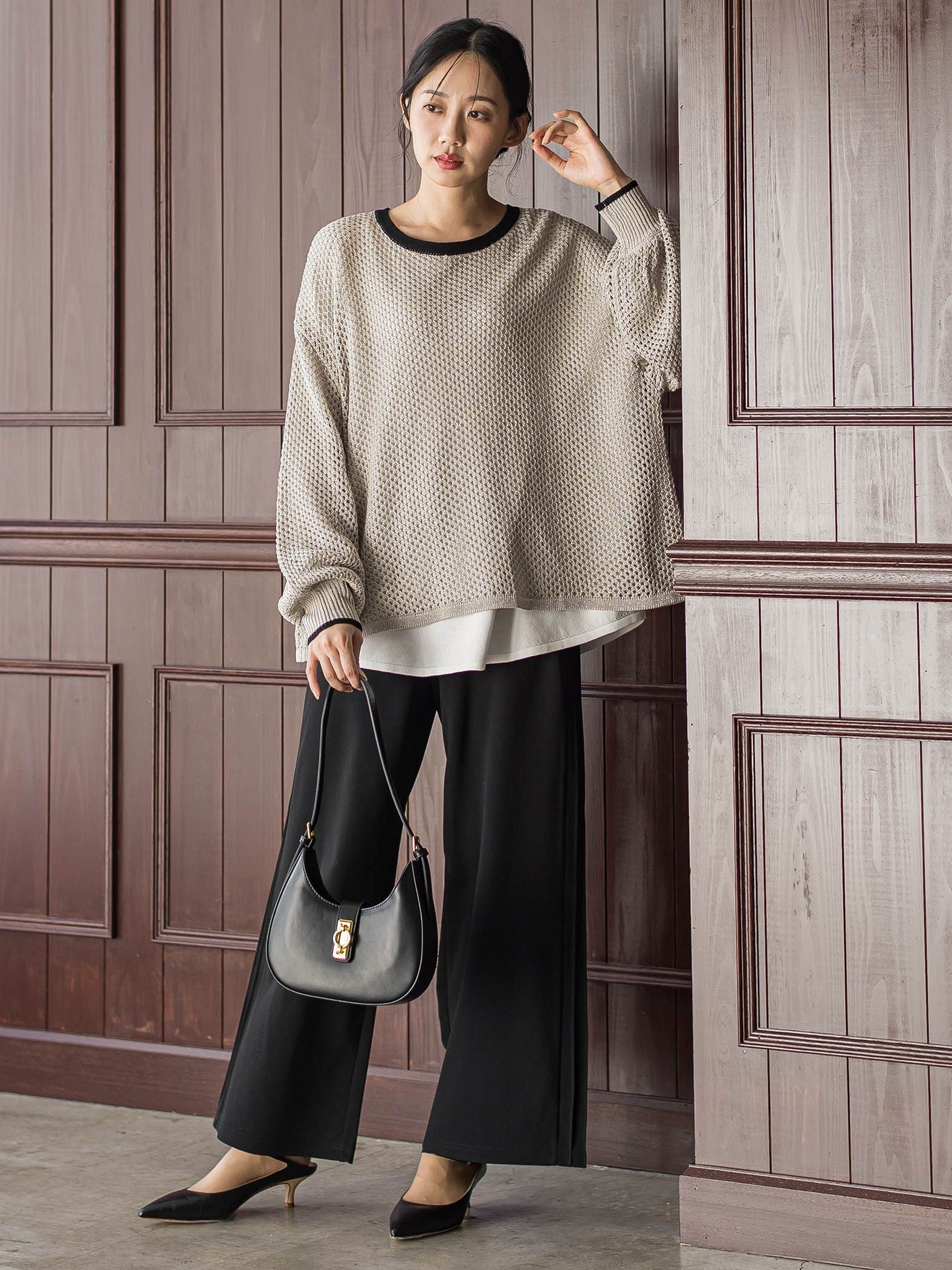 メッシュ柄レイヤードニット≪手洗い可能≫