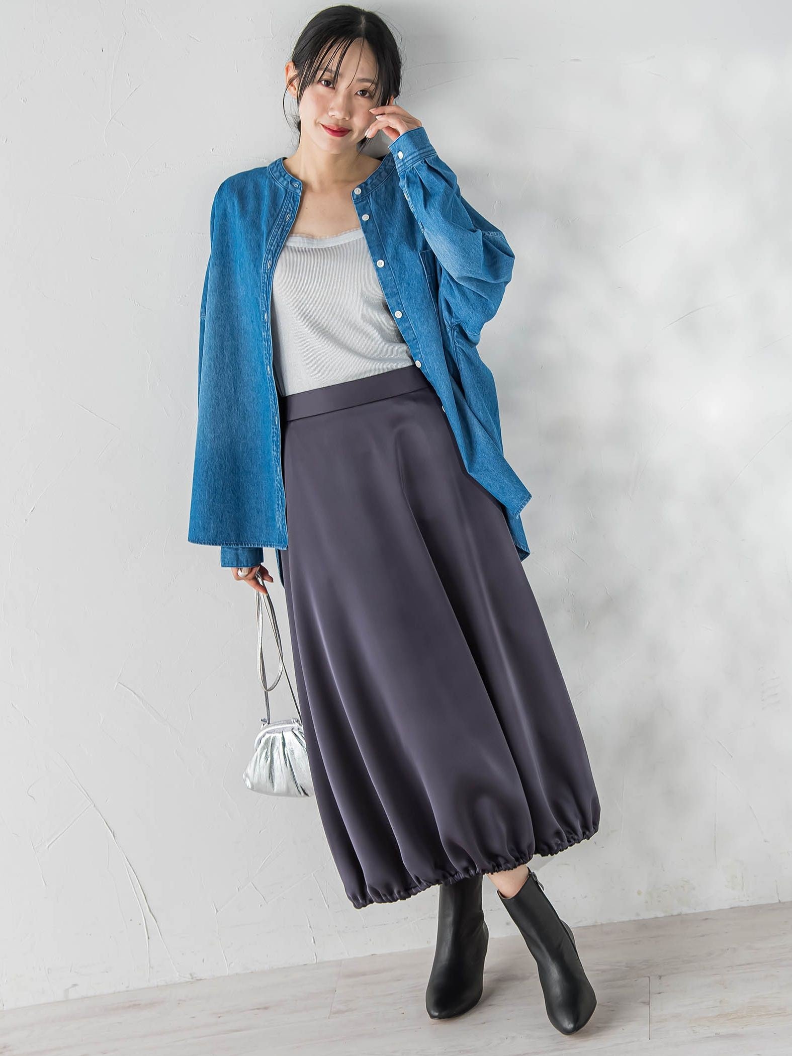 バンドカラーデニムシャツ≪洗濯機で洗える≫