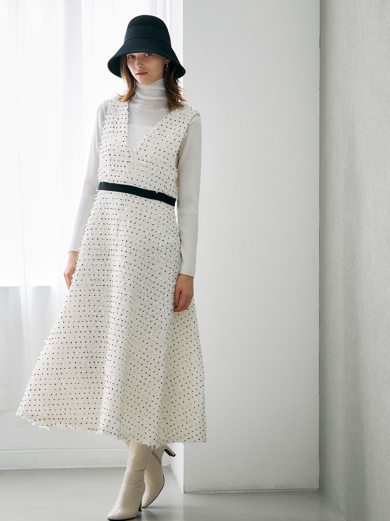 リボンドットツイードワンピース