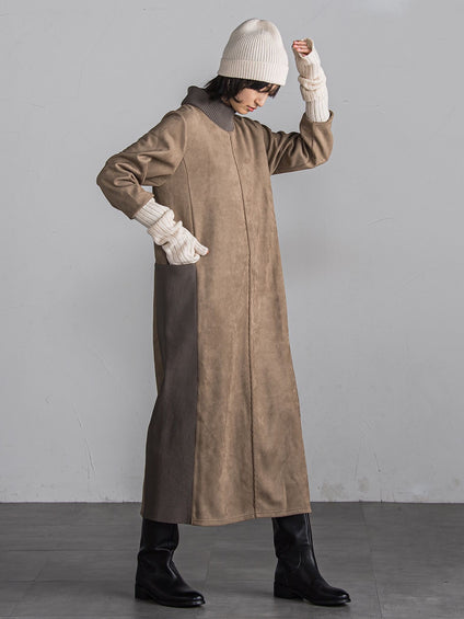 【WEB限定】スウェード×ニットモックネックワンピース≪手洗い可能≫