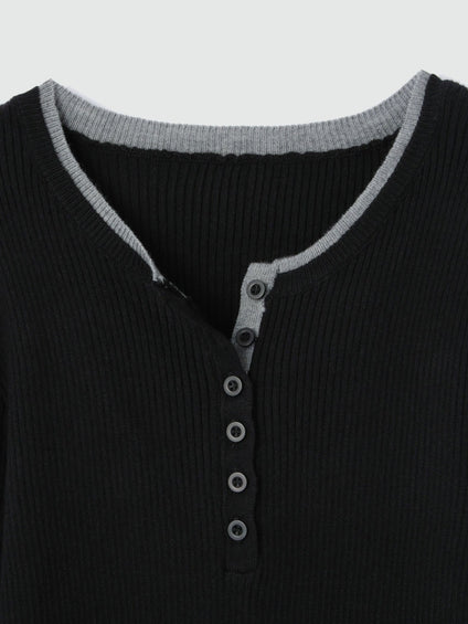 配色キーネックリブニットプルオーバー≪手洗い可能≫