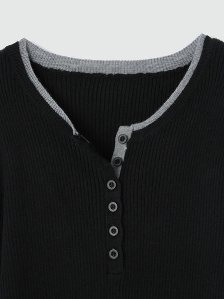 配色キーネックリブニットプルオーバー≪手洗い可能≫