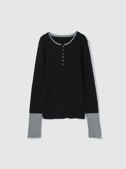 配色キーネックリブニットプルオーバー≪手洗い可能≫