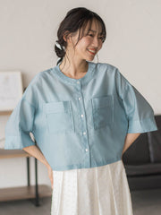 【WEB限定】シアーサテンバンドカラーブラウス