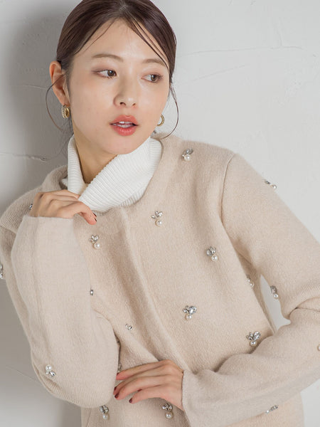 再入荷】ヘアリーヤーンビジューニットジャケット≪手洗い可能 