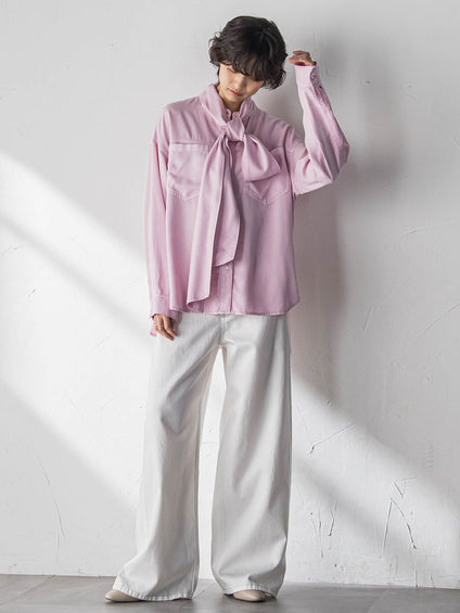 ボウタイ付きデニムシャツ≪洗濯機で洗える≫