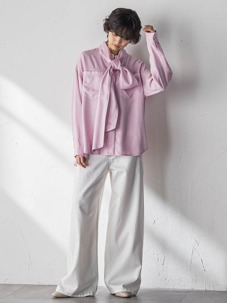 ボウタイ付きデニムシャツ≪洗濯機で洗える≫