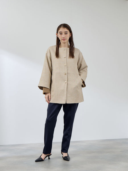 ツィード調ハウンドトゥースノーカラーコート≪手洗い可能≫