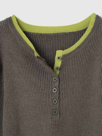 配色キーネックリブニットプルオーバー≪手洗い可能≫