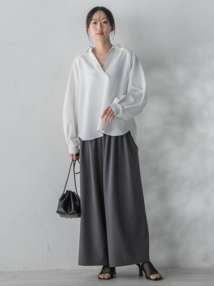 【WEB限定】パウダーストレッチ合わせネックブラウス≪手洗い可能≫