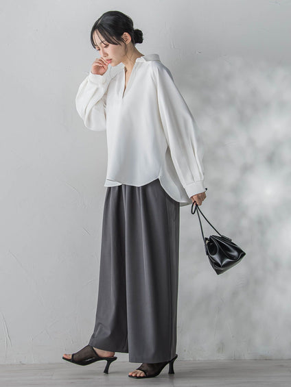 【WEB限定】パウダーストレッチ合わせネックブラウス≪手洗い可能≫