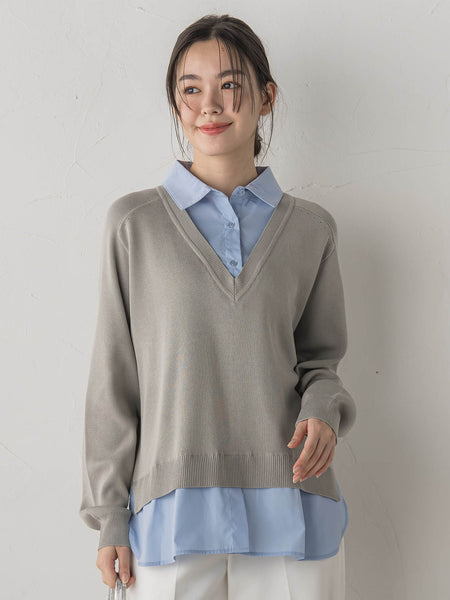 【WEB限定】Vネックブラウス切替えプルオーバー≪手洗い可能≫