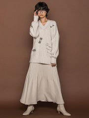 メッセージ刺繍Vネックニットプルオーバー≪手洗い可能≫