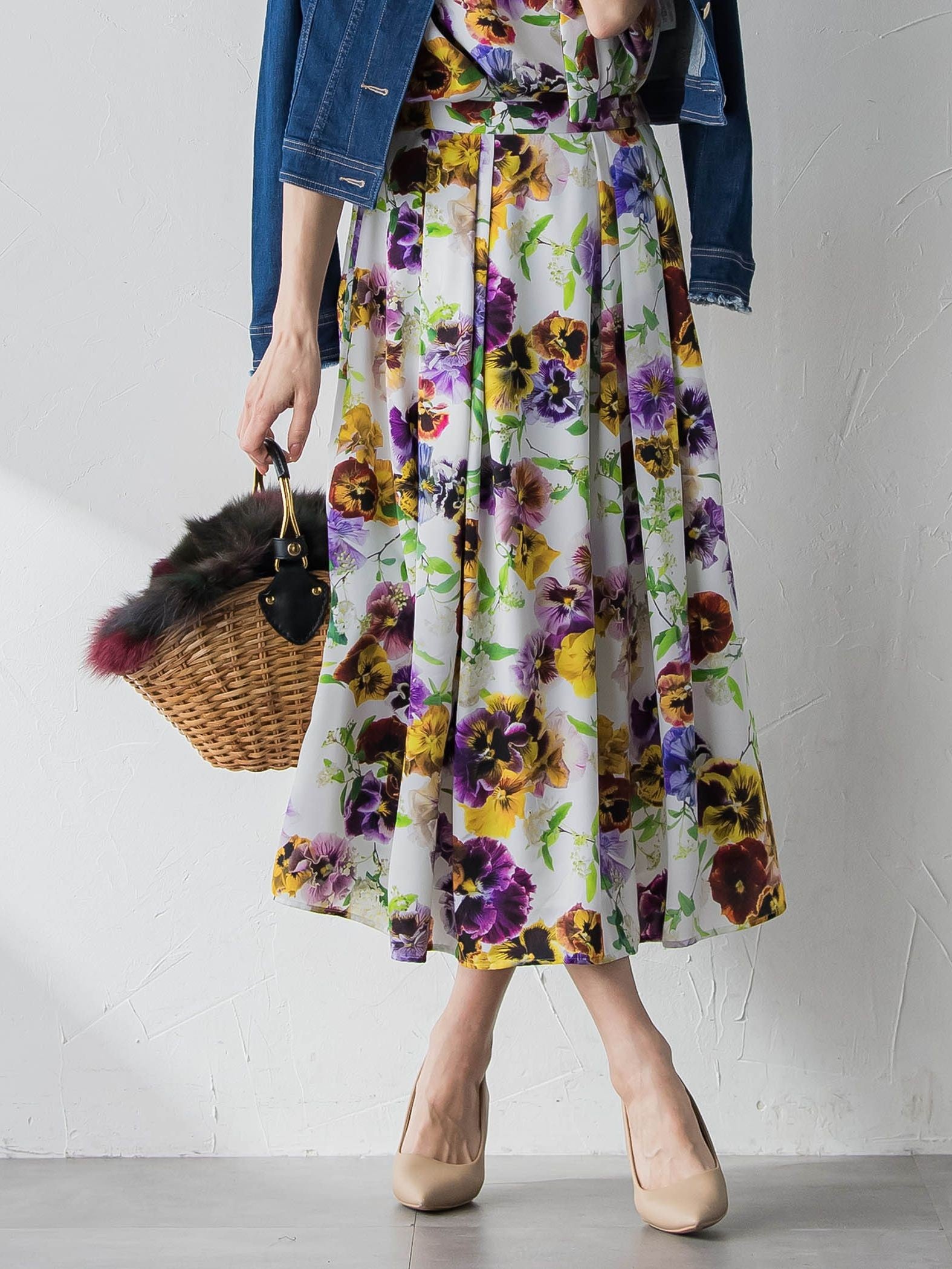 【KEITA KAWASAKI × Viaggio Bluコラボ】パンジープリントスカート