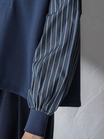 ストライプスリーブハーフジッププルオーバー≪手洗い可能≫