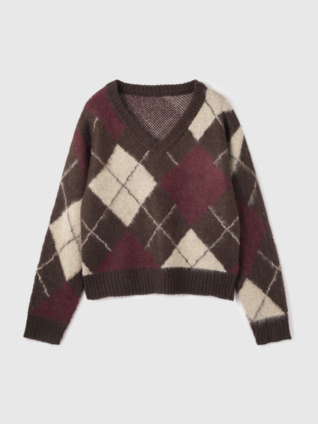 アーガイルVネックニット≪手洗い可能≫