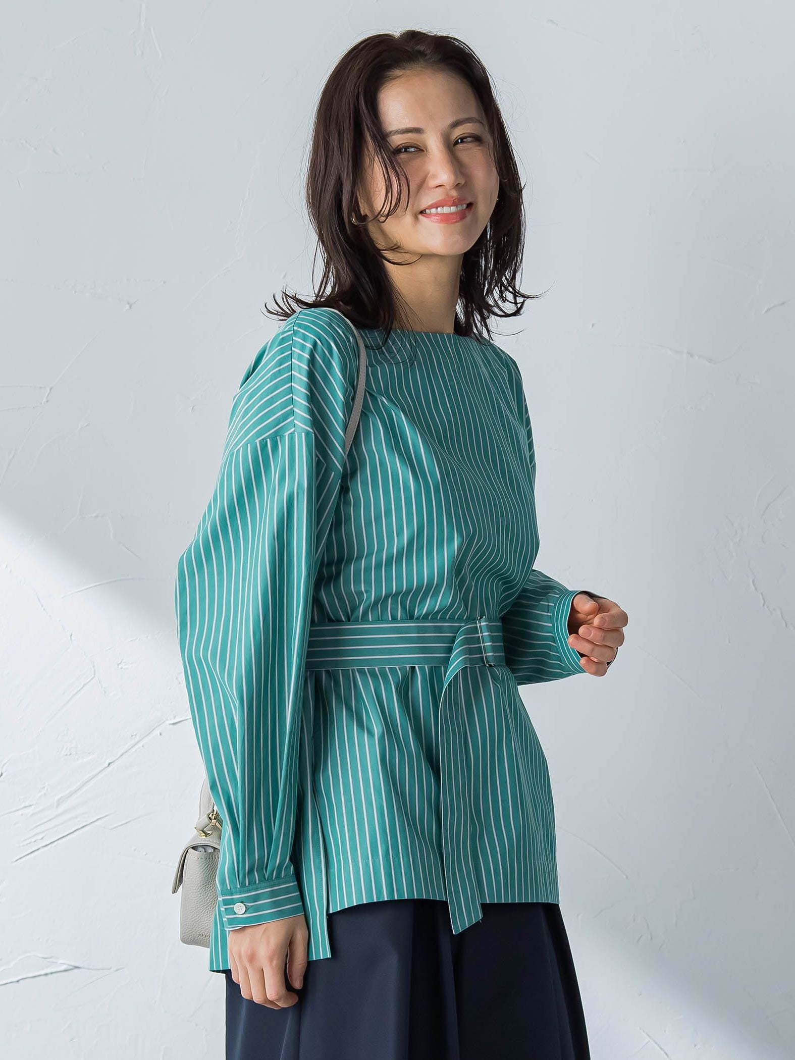 ボートネックコットンポプリンストライプブラウス