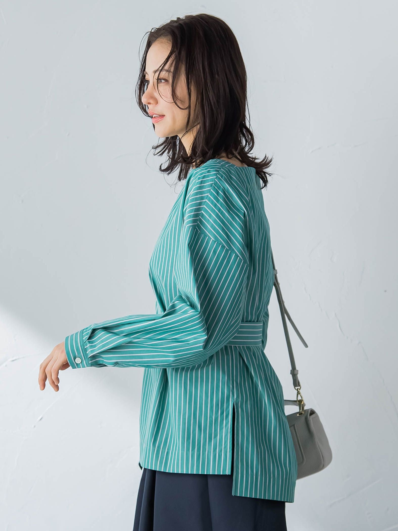 ボートネックコットンポプリンストライプブラウス