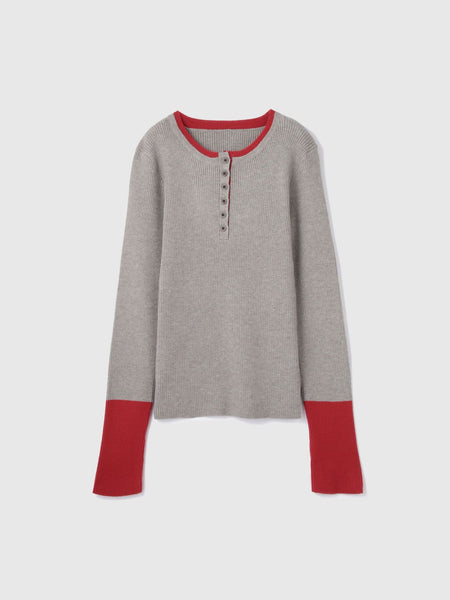 配色キーネックリブニットプルオーバー≪手洗い可能≫