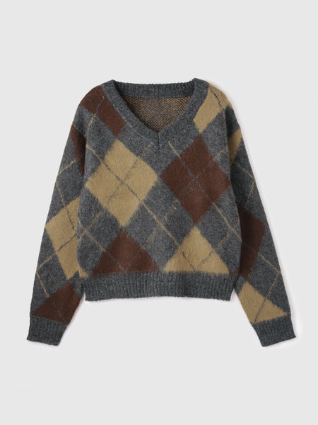 アーガイルVネックニット≪手洗い可能≫