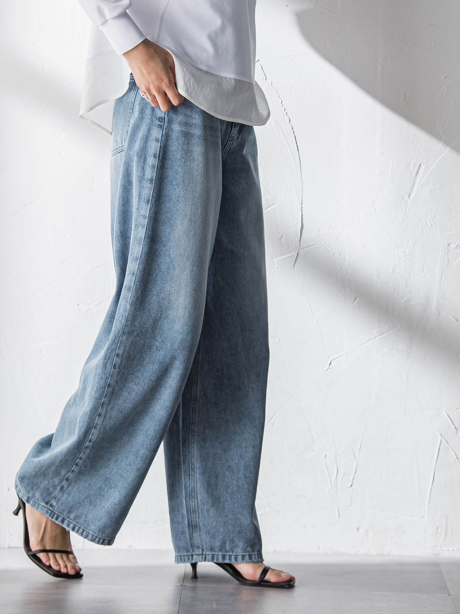 デニムワイドパンツ≪洗濯機で洗える≫