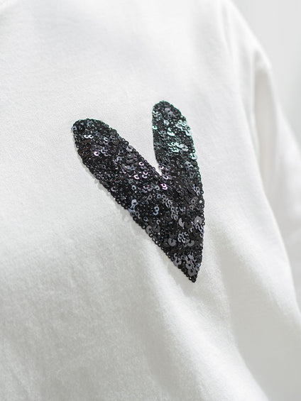 スパンコールハート刺繍Tシャツ≪洗濯機で洗える≫
