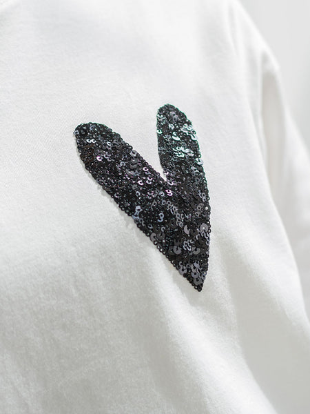 スパンコールハート刺繍Tシャツ≪洗濯機で洗える≫
